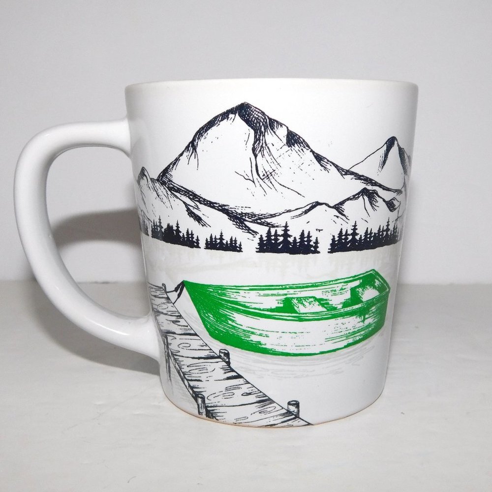 Tim Hortons 2018 Row Boat Mountains White Green Black Coffee Mug Dock